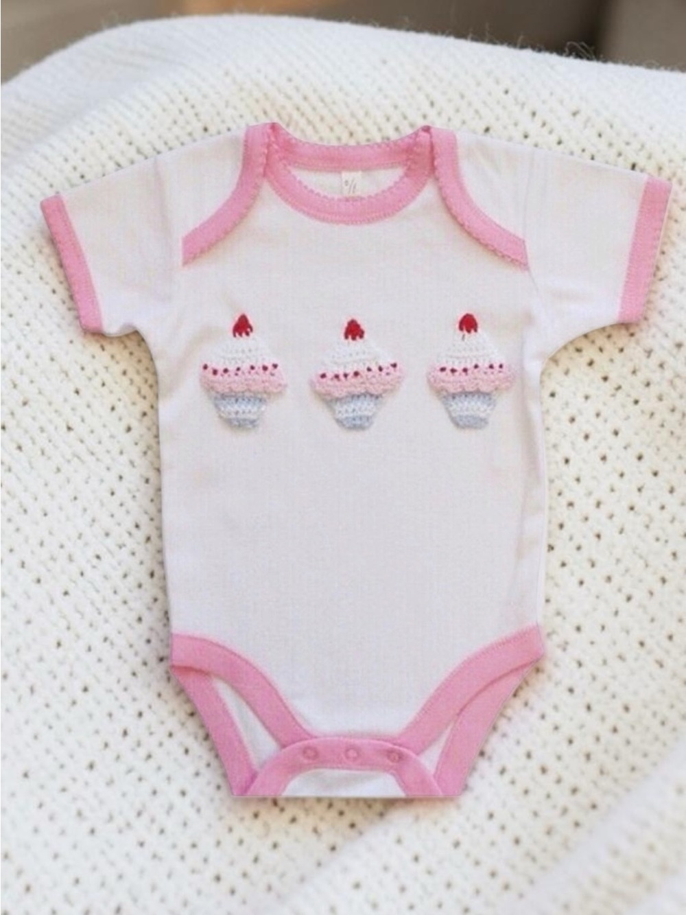 Powell Craft Pink and White Cupcake Baby Onesie